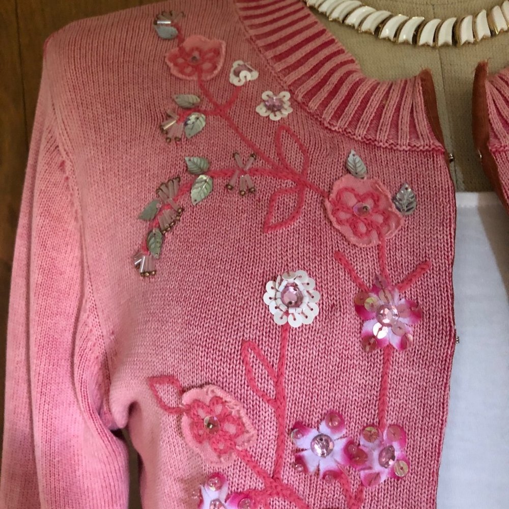 Coral Pink Beaded & Embroidered Bohmean Cotton Sweater - Picture 6 of 15
